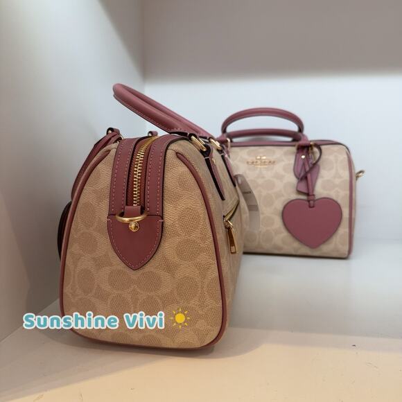 NWT Coach Rowan Satchel Bag Signature Canvas With Heart Charm CDB21 Sand/Peony - Picture 5 of 8